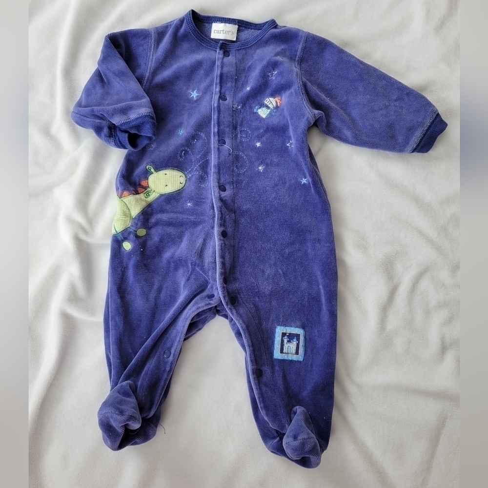 Carters Vintage blue dragon & knight crushed velvet footed pajamas 3-6m